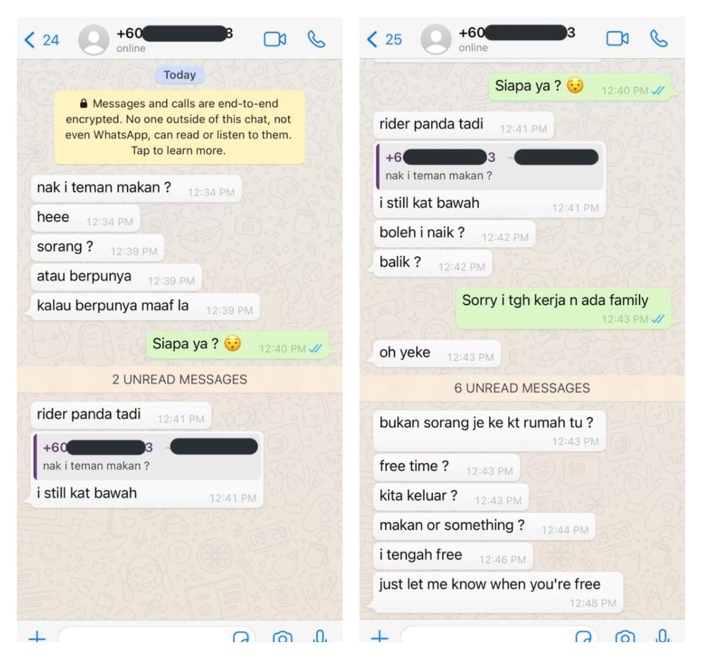 Screenshots of the texts between the woman and the Foodpanda rider