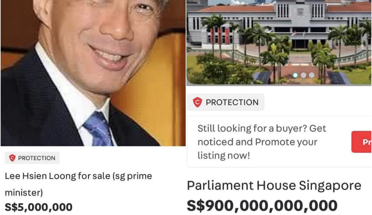 Prime Minister Lee Hsien Loong and the Parliament house in listings on Carousell. Photos: Sell.singapore/Instagram, Sgfollowsall/Instagram
