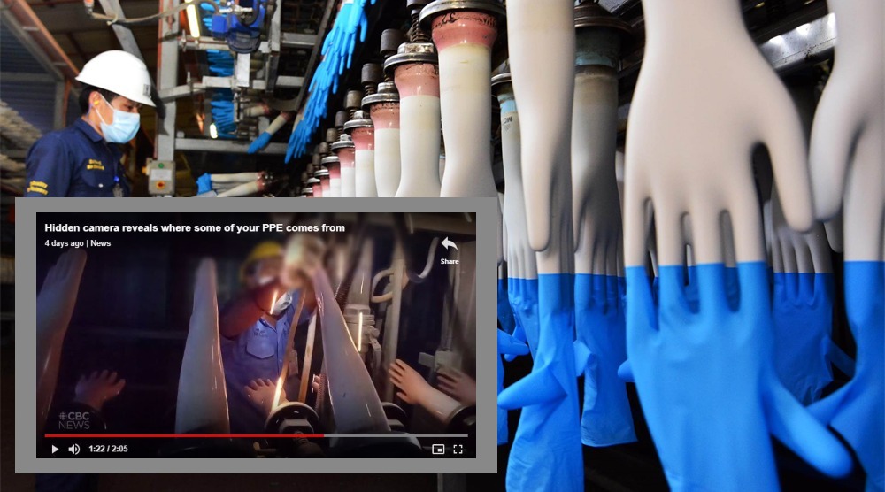 Screenshot of a video from the CBC report against a photo of a worker at a Top Glove factory. Photo: Coconuts