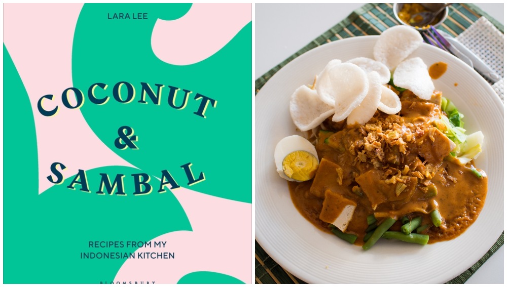 Recipe book ‘Coconut and Sambal’ by Lara Lee, at left, and gado-gado salad, at right. Photos: Goodreads.com and Takeaway