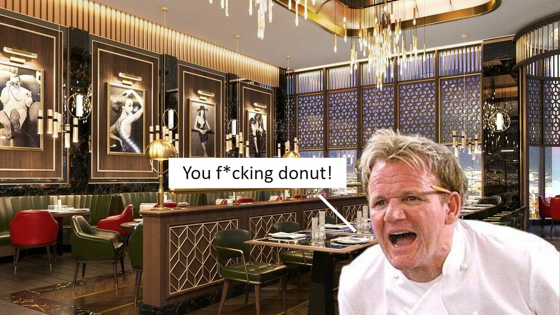 Graphic of Gordon Ramsay against the interior of Gordon Ramsay Bar & Grill. Photo: Coconuts