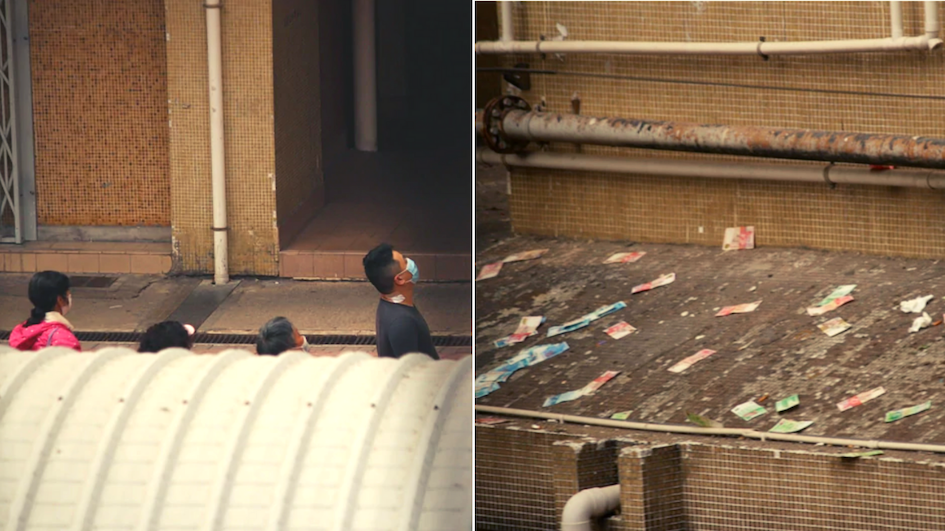 A playful child is believed to have tossed his father’s cash out the window when he was asleep. Photos via Apple Daily