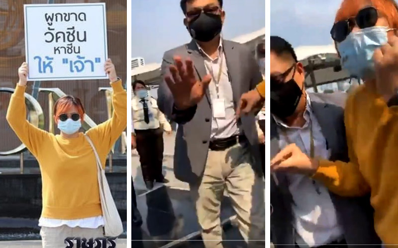 Images of a student protester identified as Benja Apan scuffling with guards Tuesday at the Iconsiam shopping mall in Bangkok. At leftmost, a photo posted by The Ratsadon / Facebook, at center and right, still images taken from livestream footage of the incident.