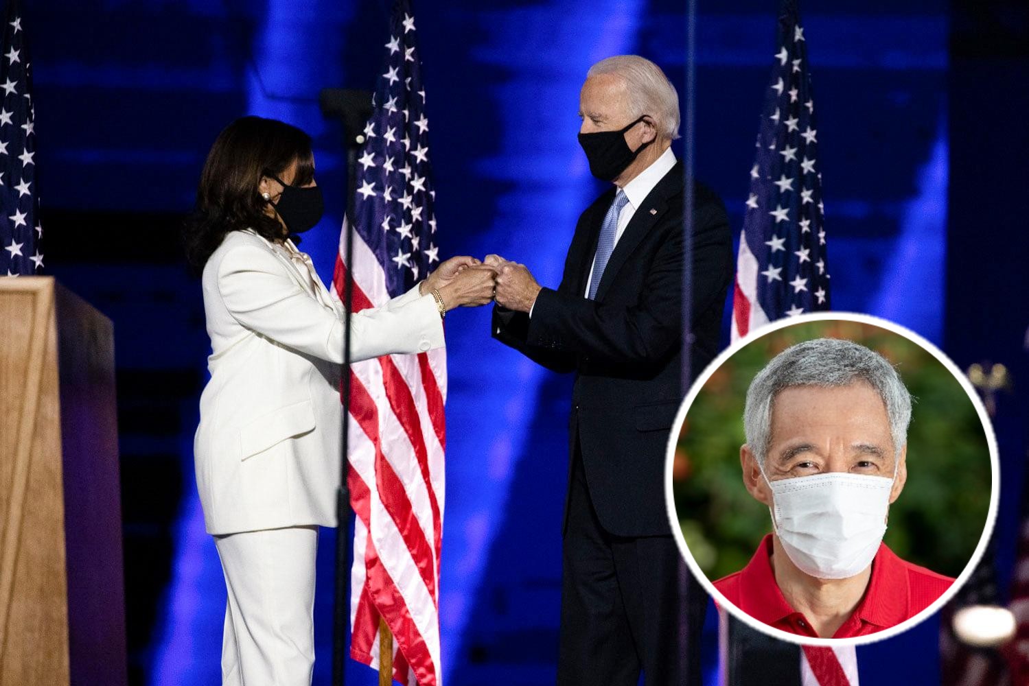 U.S Vice President Kamala Harris with President Joe Biden and Singapore Prime Minister Lee Hsien Loong. Photo: Coconuts