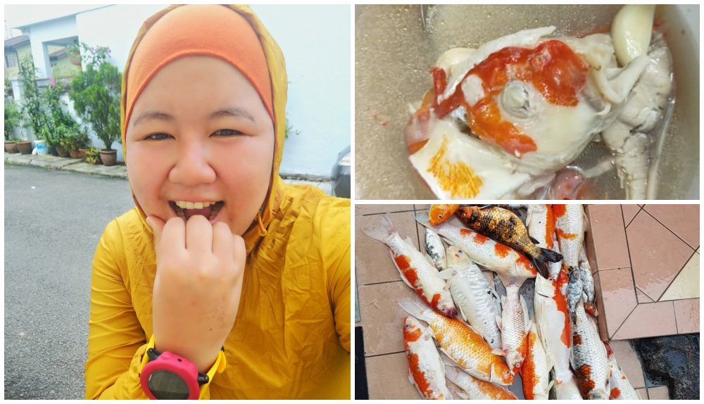 Amanda Omeychua, at left, with a bowl of cooked koi fish (top-right) and dead koi fish on the floor. Photos: Amanda Omeychua