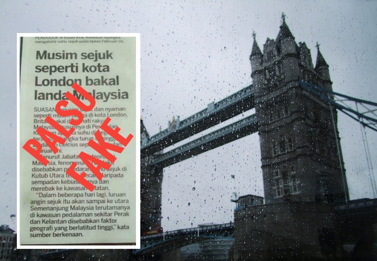 2016 newspaper report labeled as ‘fake,’ and the London Bridge. Photo: Coconuts