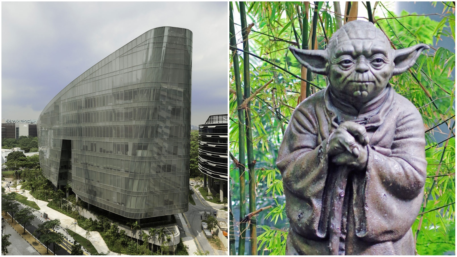 The Sandcrawler building at One-north, at left, and its Yoda statue, at right. Photos: Andrew Bromberg Architects, Glenn Mar/Facebook
