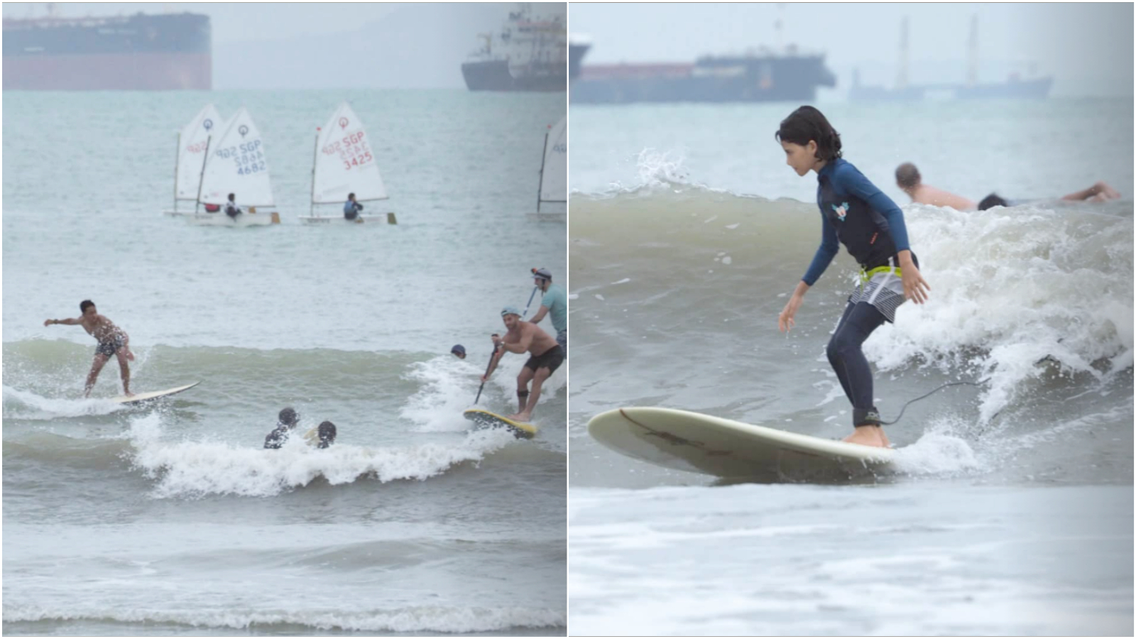 Surfers catch waves Wednesday off the coast from Changi. Photos: Surfgang_photography/Instagram
