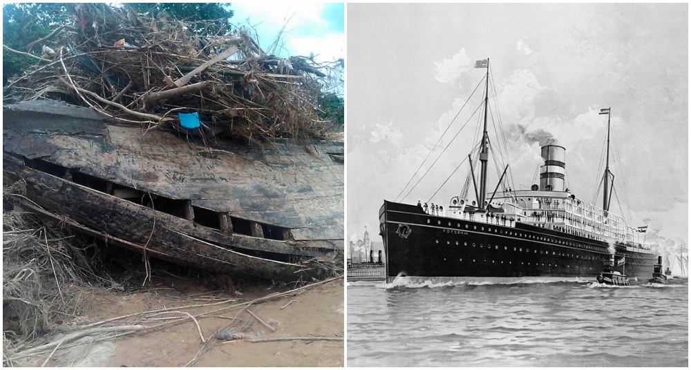 The shipwreck found in Kuala Lipis on Jan. 14, 2021, at left, and a file photo of a steamship during the 1900s. Photos: The Star, Fred Pansing