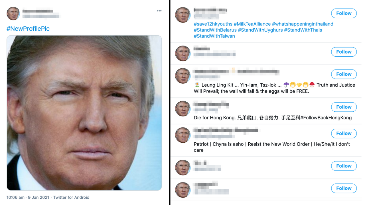Hong Kong fans of US President Donald Trump reacted to Twitter’s banning of his account by changing their icons to support him. Screenshots via Twitter
