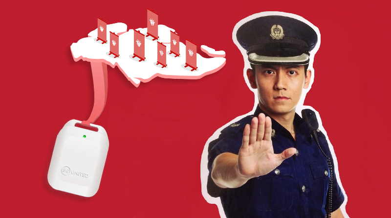 The TraceTogether token with a policeman. Image: Coconuts
