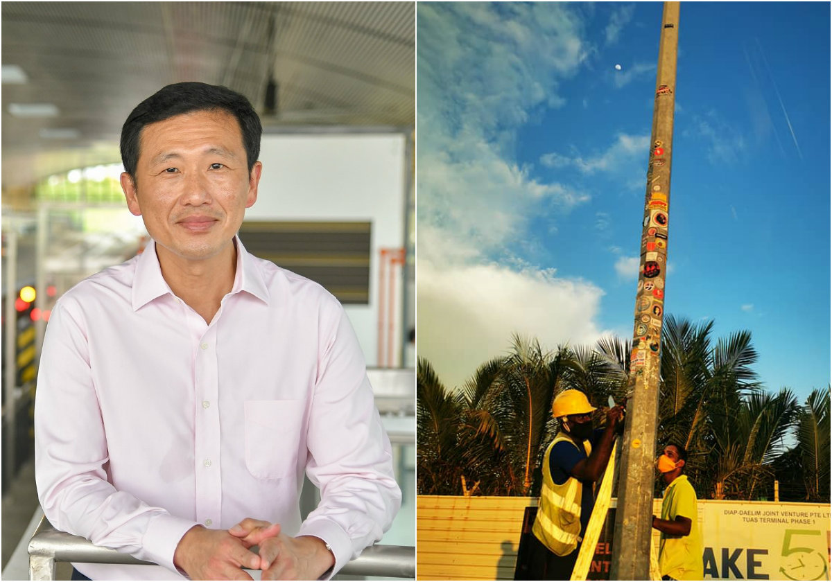 Transport Minister Ong Ye Kung (at left) and workers scraping off stickers from a lamp post in Tuas. Photos: Ong Ye Kung, Siti Musfirah/Facebook
