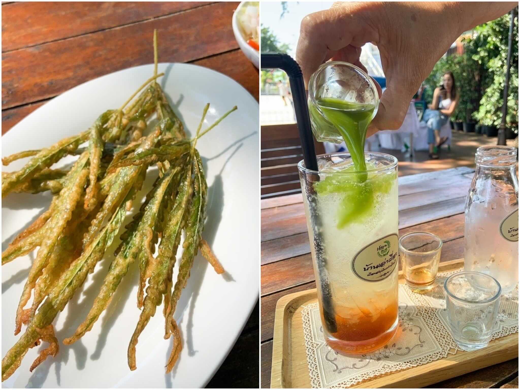 Deep-fried weed leaves served with spicy mango salad, at left, and sparkling passion fruit mixed with weed juice. 
