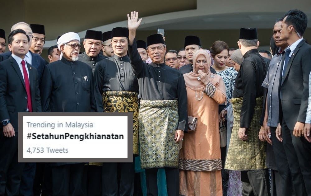 Muhyiddin Yassin together with members of his National Alliance administration and a screenshot of the trending ‘#SetahunPengkhianatan’ hashtag. Photo: Coconuts
