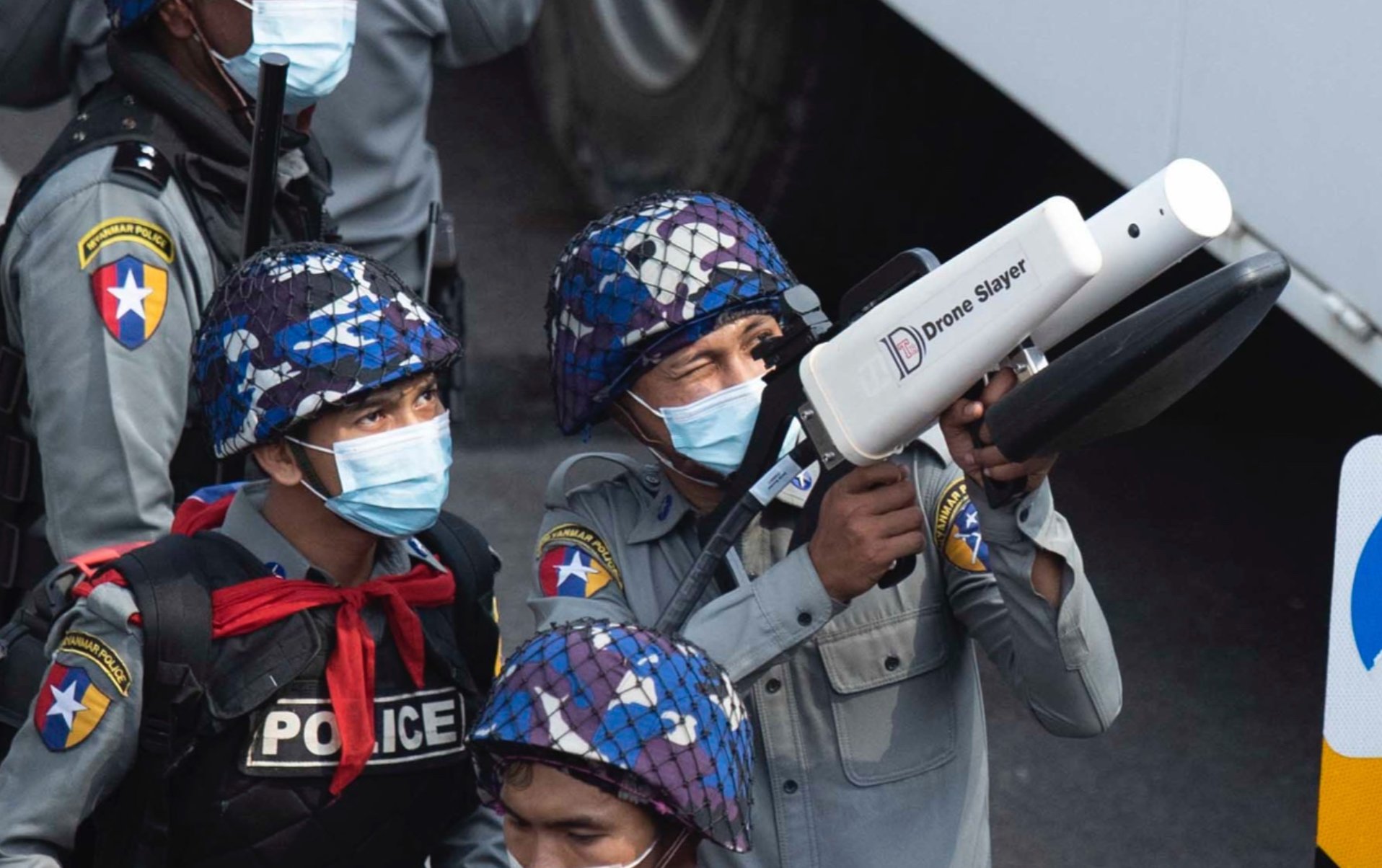 Myanmar police officers aim an anti-drone gun supplied by TRD Singapore. Photo: Justice For Myanmar/Twitter
