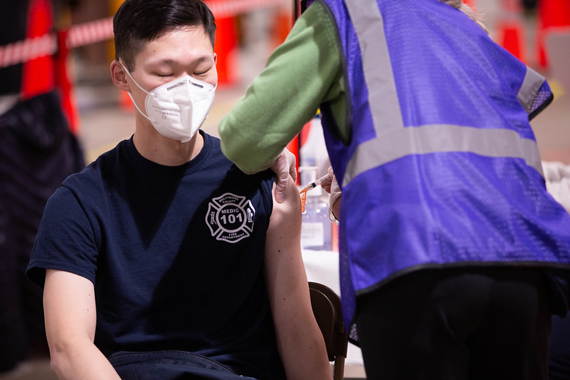 File photo of a U.S. emergency responder being vaccinated in Baltimore, Maryland. Photo: Baltimore County