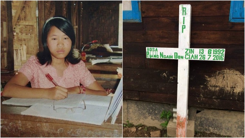 At left, Piang Ngaih Don in an undated photo and her burial in Myanmar, at right. Photos: Helping Hands for Migrant Workers Singapore/Facebook
