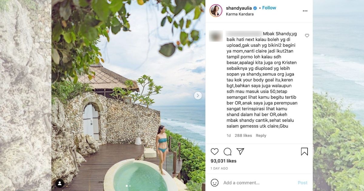 “I’m afraid Claire will follow your steps in being pornographic when she grows up,” one woman told Indonesian actress/entrepreneur Shandy Aulia in an Instagram post of her wearing a bikini by a pool. Screenshot from Instagram/@shandyaulia