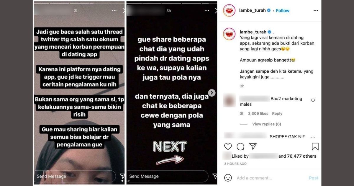 Shopee Indonesia’s paid post ⁠— which was recently uploaded on Indonesia’s biggest gossip page on Instagram, Lambe Turah ⁠— appeared to mimic viral posts from sexual harassment victims in the past, featuring screenshots of the victim’s social media posts that called on other women to be careful when using dating apps. Screenshot from Twitter/@jxnxt & Instagram/@lambe_turah