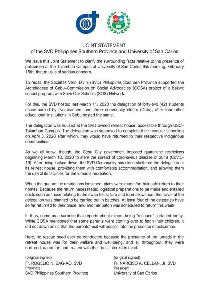 Statement from University of San Carlos