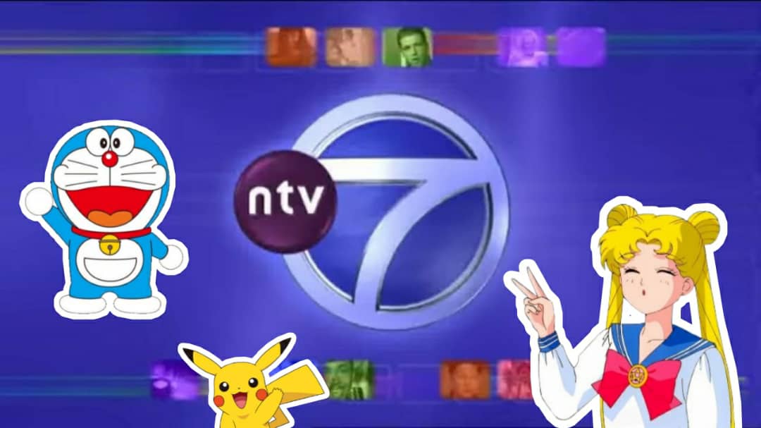 Ntv7 broadcast screen surrounded by anime characters Doraemon, Pikachu, and Sailor Moon. Photo: Coconuts