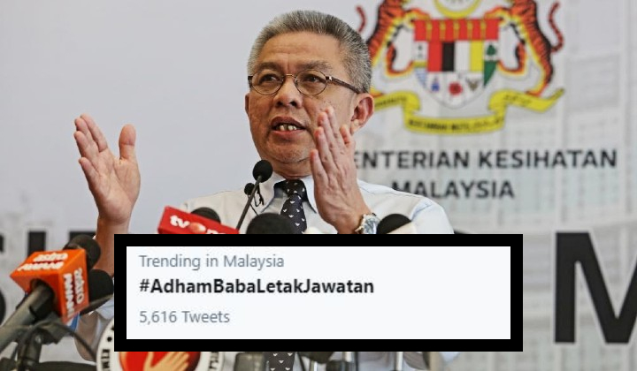 Screengrab of the #AdhamBabaLetakJawatan hashtag over a photo of Adham Baba speaking at a press conference. Photo: Coconuts
