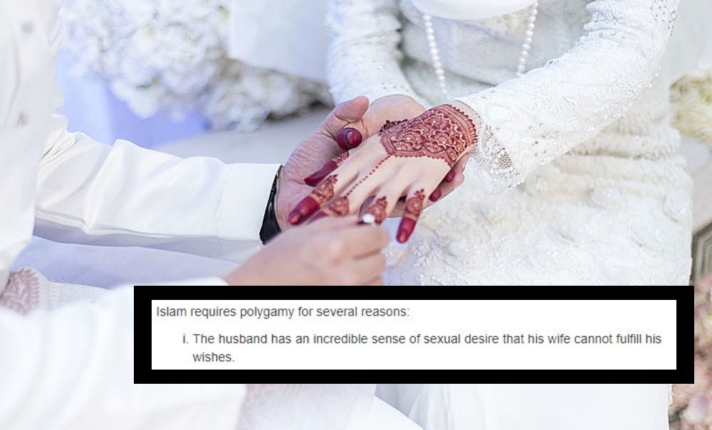 Screenshot of the ‘polygamy’ text against a file photo of a man holding a woman’s hand in marriage. Photo: Coconuts