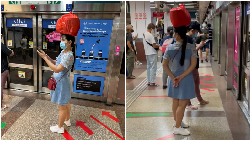 An unidentified woman balances a large red bag on her head at one of Singapore’s MRT train stations. Photos: Issac Cue / Facebook
