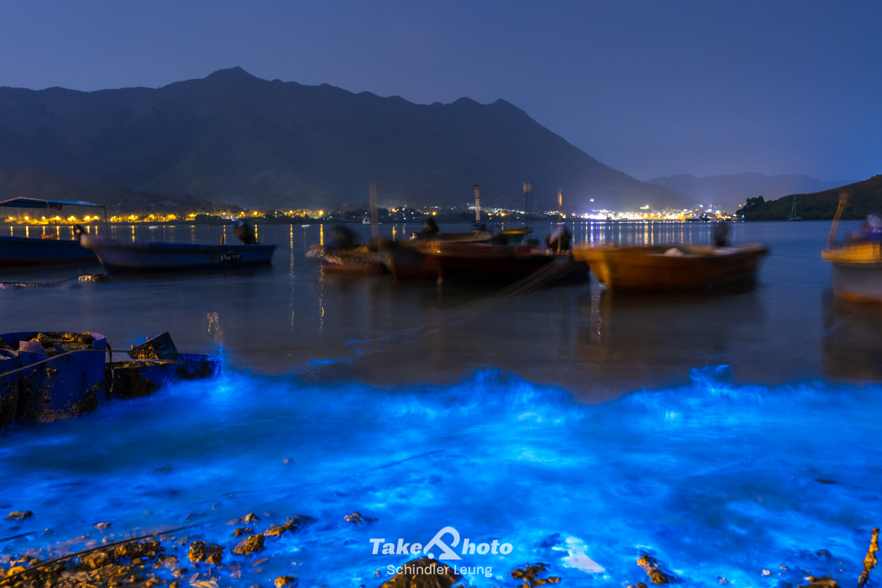 An algae bloom emantates a bright blue glow in a Tai Po fishing village. Photo: Schindler Leung