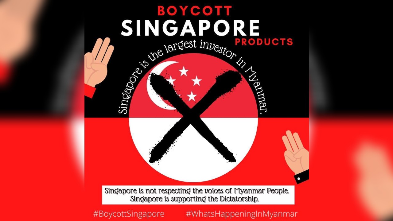 Online post urges a consumer boycott of Singaporean firms. Photo: Mratt Kyaw Thu/Twitter