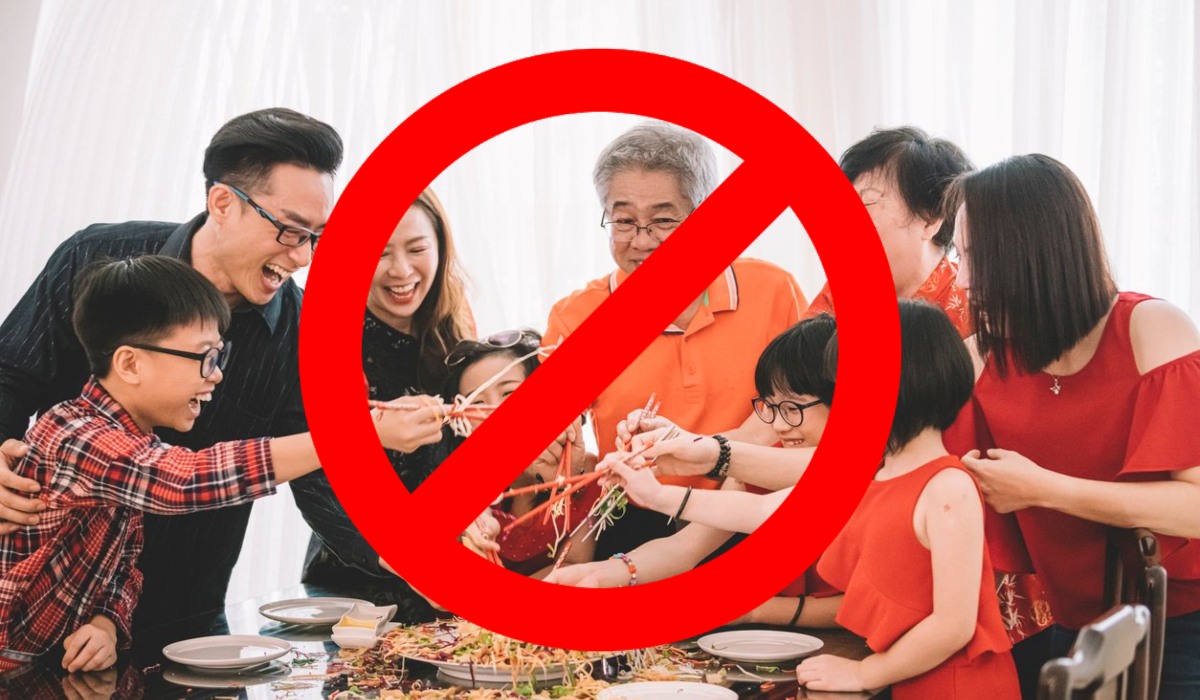 The ‘no’ symbol over a photo of a family tossing salad. Photo: Coconuts
