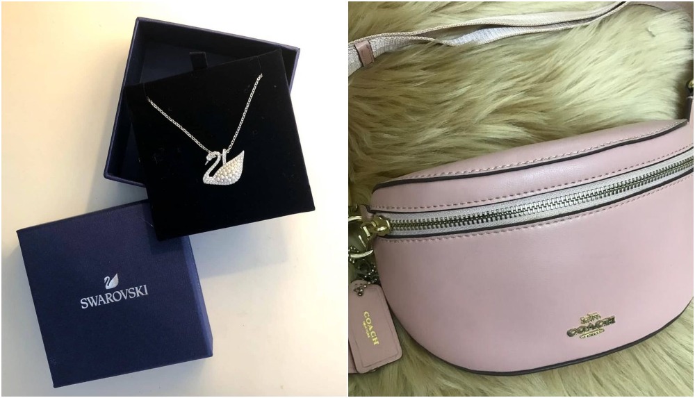 Swarovski necklace, at left, and a Coach bag listed on Kedai Pernah Sayang’s Instagram page. Photos: Kedai Pernah Sayang/Instagram