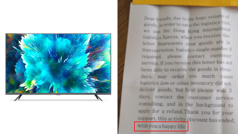 A Xiaomi LED television listed on Lazada, at left. The letter Cris Ng received from the seller, at right. Photos: Xiaomi, Cris Ng/Facebook