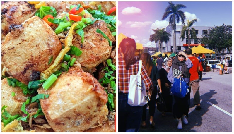Tauhu bergedil, at left, and people walking near Pasar Malam TTDI, at right. Photos: Inalicious Bakery/Instagram and Coconuts