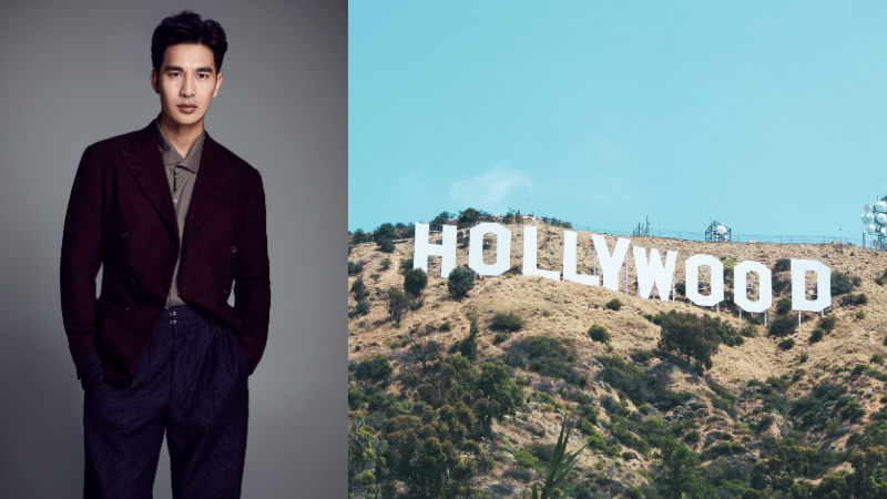 Pierre Png next to a file photo of the Hollywood sign. Photo: Mediacorp

