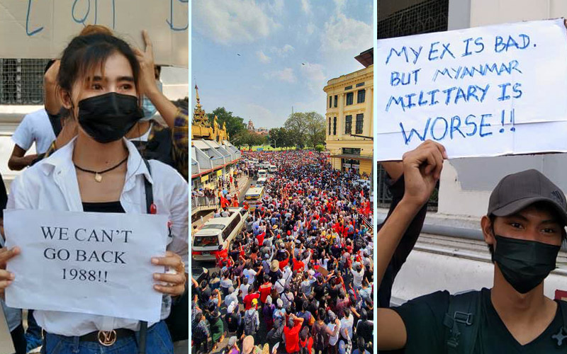 Scenes from the anti-military protests on Sunday and Monday in Yangon. Photos: Coconuts Yangon