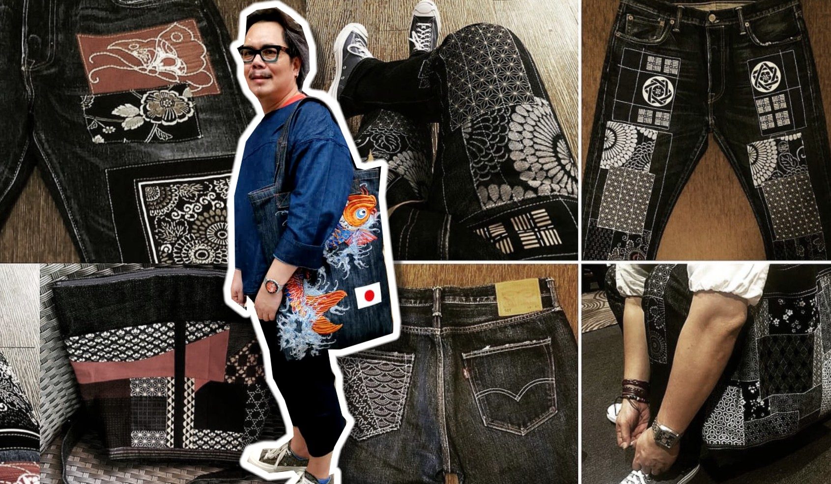 Malaysian denim patchworker Ruslan Tagan and some of his denim collections. Photo: Coconuts