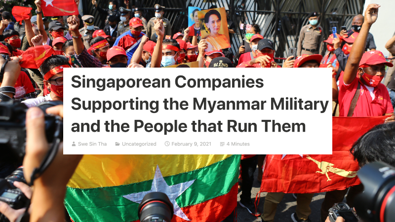 A blog post by Burmese expat Swe Sin Tha superimposed over a photo of supporters of Myanmar’s political party National League for Democracy at a protest outside the Myanmar Embassy in Bangkok. Photos: Swe Sin Tha/WordPress, Kan Sangtong
