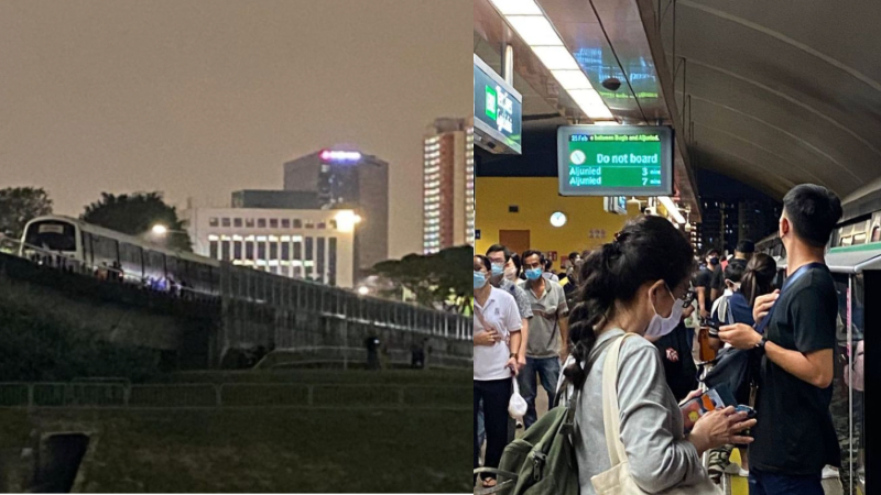 The stationary train along the tracks near Kallang station and the crowd at Tampines station yesterday. Photos: Mrtsginfo/Instagram
