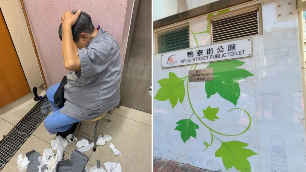 The 81-year-old cleaner, who juggles two sanitation jobs, suffered an egg-sized swelling to her head. Photos: Facebook/城市花園 仇栩欣 Jocelyn Chau and Apple Daily
