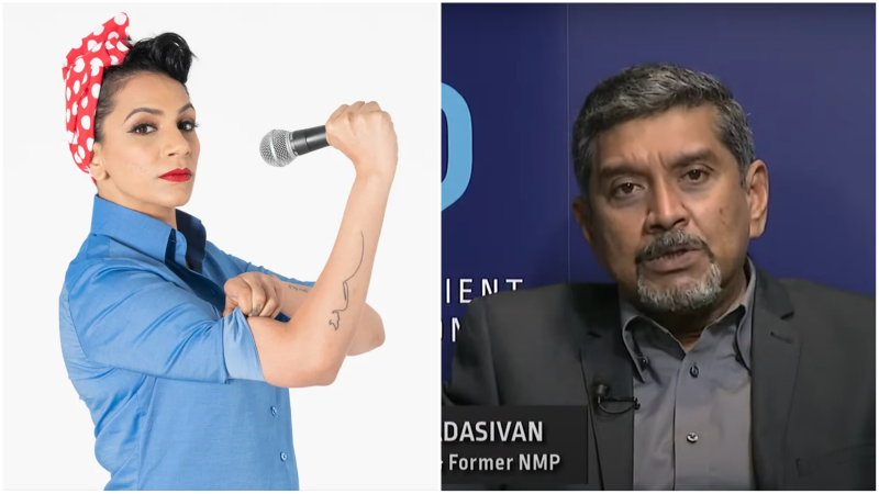 Comedian Sharul Channa in a promotional image, at left. Viswa hosts a panel discussion on Wednesday, at right. Photos: Klook, NUSS/YouTube
