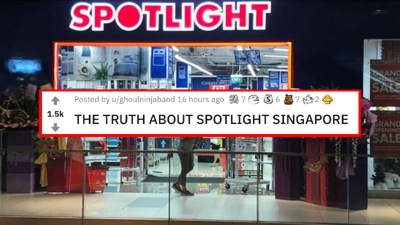 A screenshot of a Reddit thread superimposed over the entrance of Spotlight’s Plaza Singapura outlet. Photo: Jet Shon/Facebook, Ghoulninjaband/Reddit
