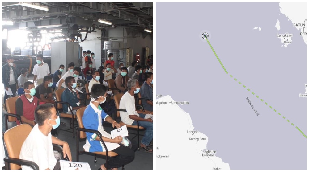 Myanmar nationals prepare to board a marine vessel at the Lumut naval base, at left, and the location of the Than Lwin passenger ship from marinetraffic.com, at right. Photos: Marinetracker.com, Myanmar Embassy in KL
