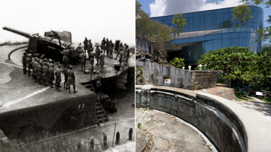 Jubilee Battery on Mount Davis, Pok Fu Lam, was a key defence site for British soldiers during World War II. Photos via The University of Chicago (left) and Google Street View/Charman To (right)