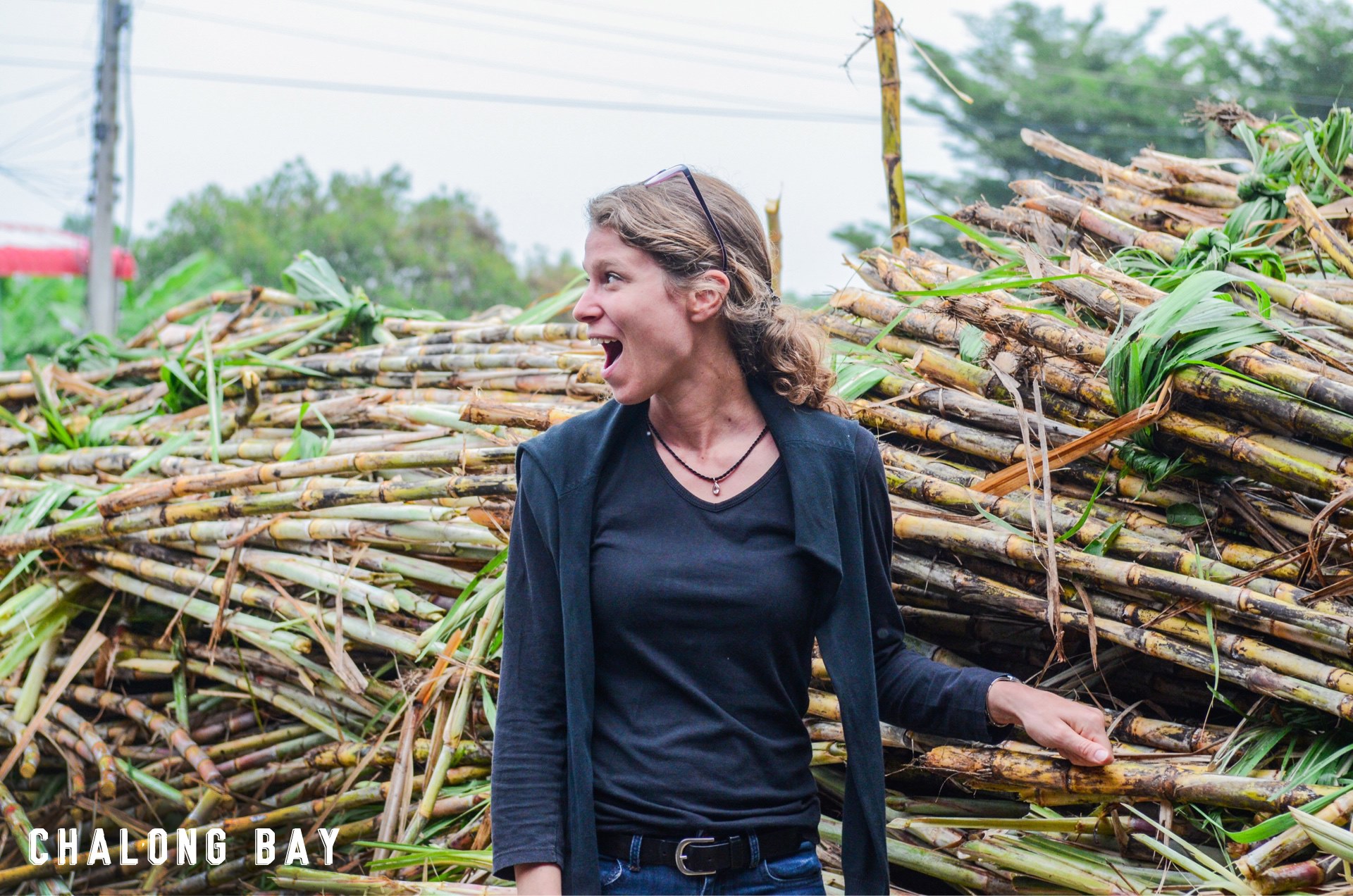 Marine Lucchini makes a face next to a pile of sugarcane stalks.