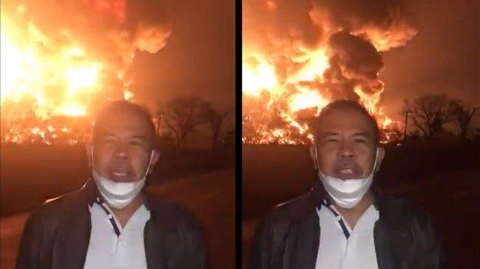 Indramayu fire department chief Joni Takarasel remained sub-zero chill as he appealed to the public for calm while standing in front of a raging inferno. Photo: Video screengrab