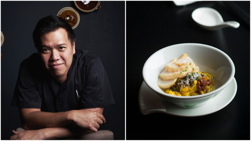 At left, Chef Han Li Guang and his restaurant’s seafood noodle dish that reinvents Mee Pok, at right. Photos: Restaurant Labyrinth
