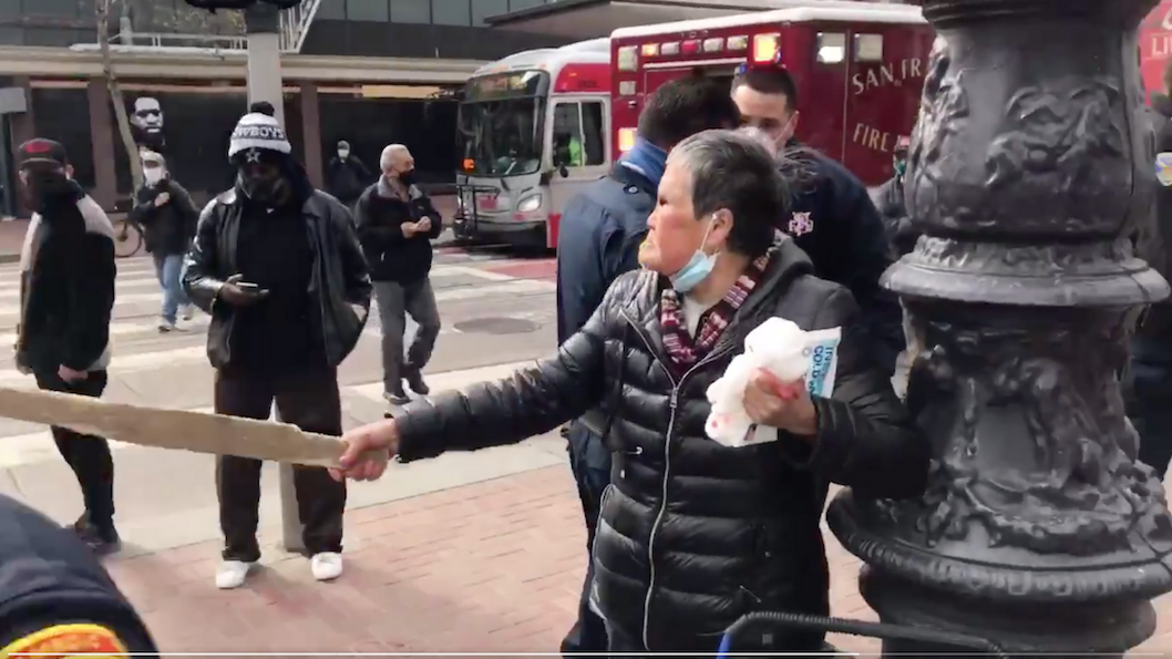The elderly Chinese woman, Xiao Zhen Xie, fought back her attacker with a stick in San Francisco. Screenshot via Twitter/Dennis O’Donnell