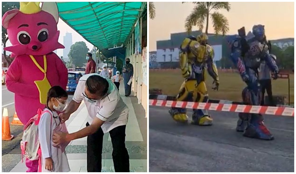 ‘Pinkfong’ looks on as a student enters the school, at left, Transformers characters Bumblebee and Optimus Prime taking a walk, at right. Photos: Bernama, K_Izuddin/Twitter
