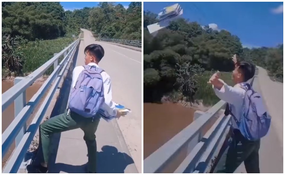 Screenshots of the boy throwing his books into the river. Photo: @Hazipaiman_/Twitter
